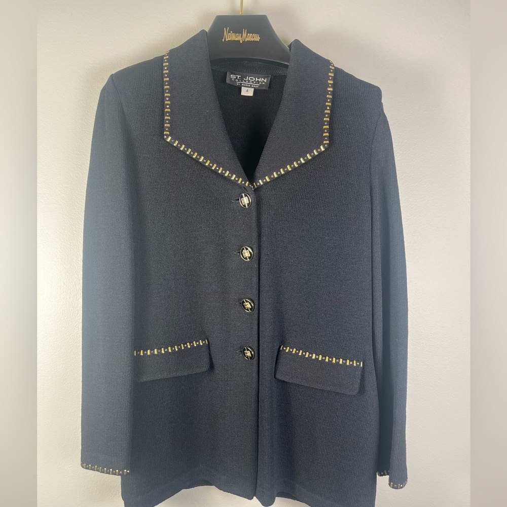 St. John Collection Black Knit Jacket Gold Metal Trim/Buttons Classic Vintage